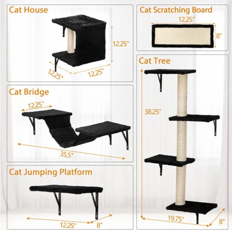 5 Pcs Wall Mounted Cat-Climber Set W/Floating Shelves And Perches
