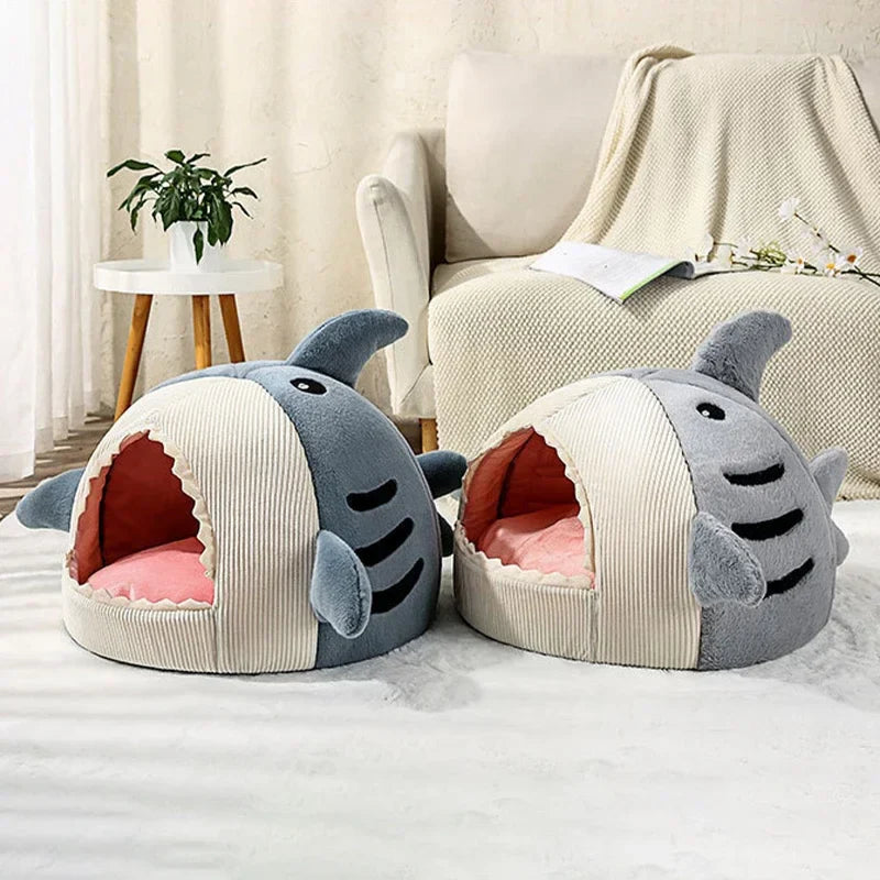 Cartoon Shark Cat Cave Bed – Warm Pet Tent with Cushion for Kittens & Small Dogs