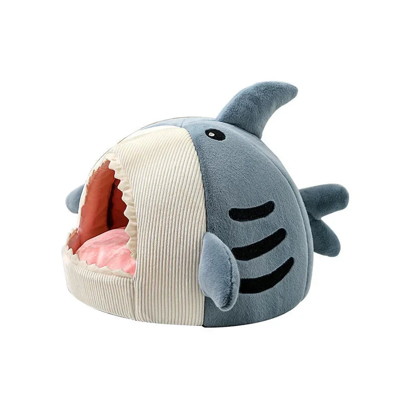 Cartoon Shark Cat Cave Bed – Warm Pet Tent with Cushion for Kittens & Small Dogs
