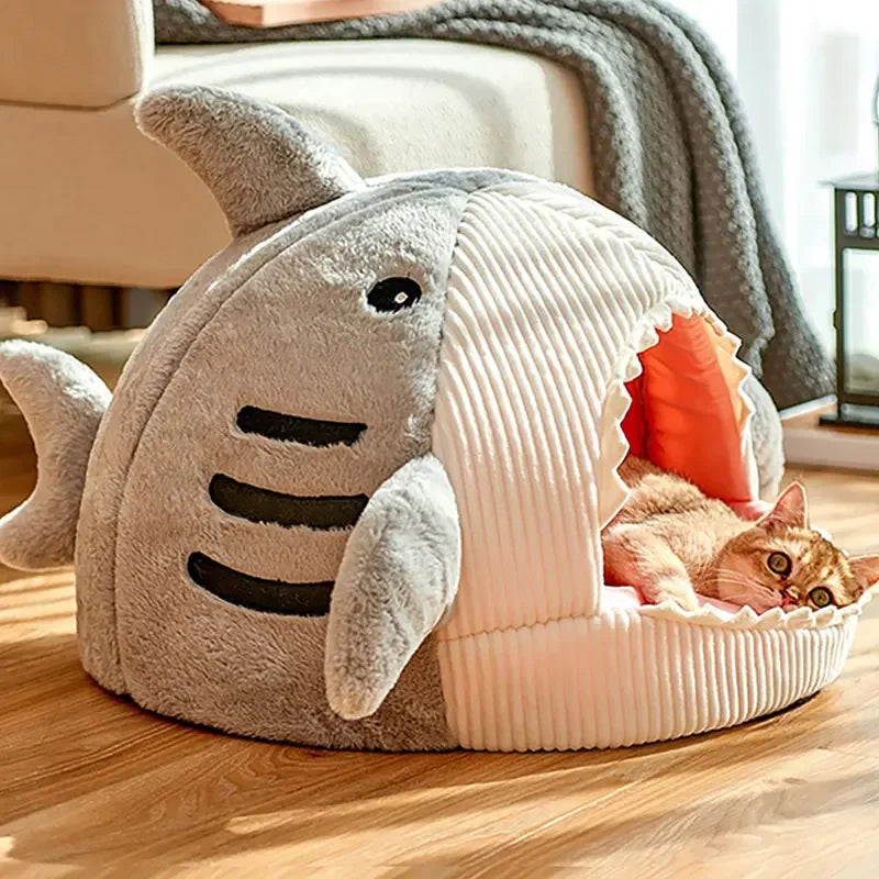 Cartoon Shark Cat Cave Bed – Warm Pet Tent with Cushion for Kittens & Small Dogs