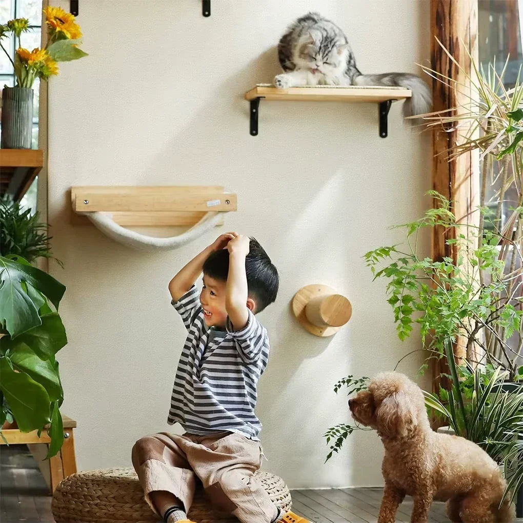 Wall-Mounted Cat Tree Tower with Hammock & Scratching Post