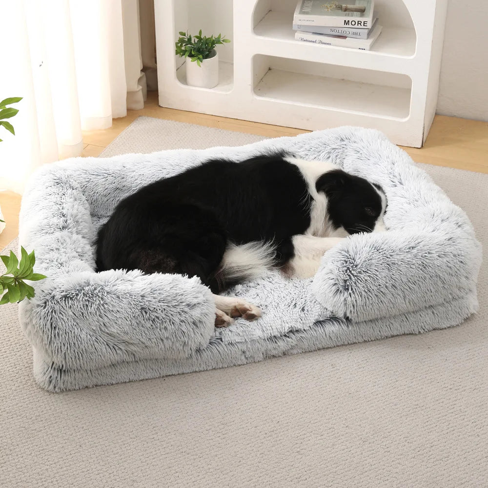 "Half-Surround Plush Pet Bed – Soft Square Sofa for Cats & Medium Dogs – Full Filling Kennel Cushion House