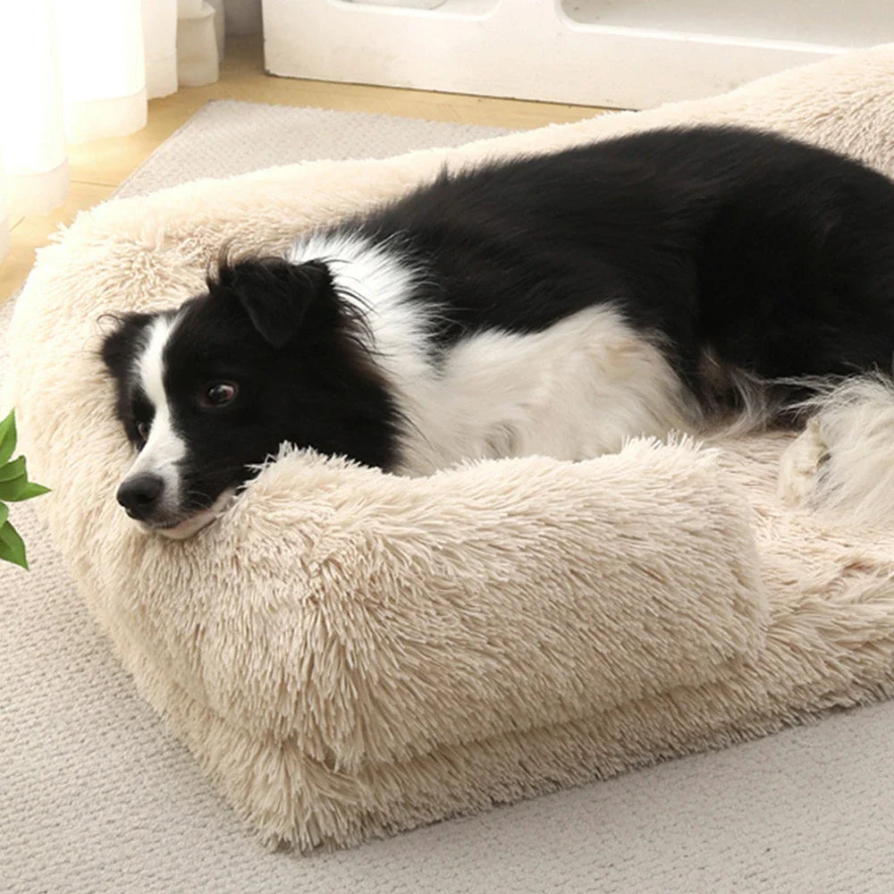 "Half-Surround Plush Pet Bed – Soft Square Sofa for Cats & Medium Dogs – Full Filling Kennel Cushion House