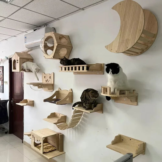 Wall-Mounted Cat Tree Tower with Hammock & Scratching Post