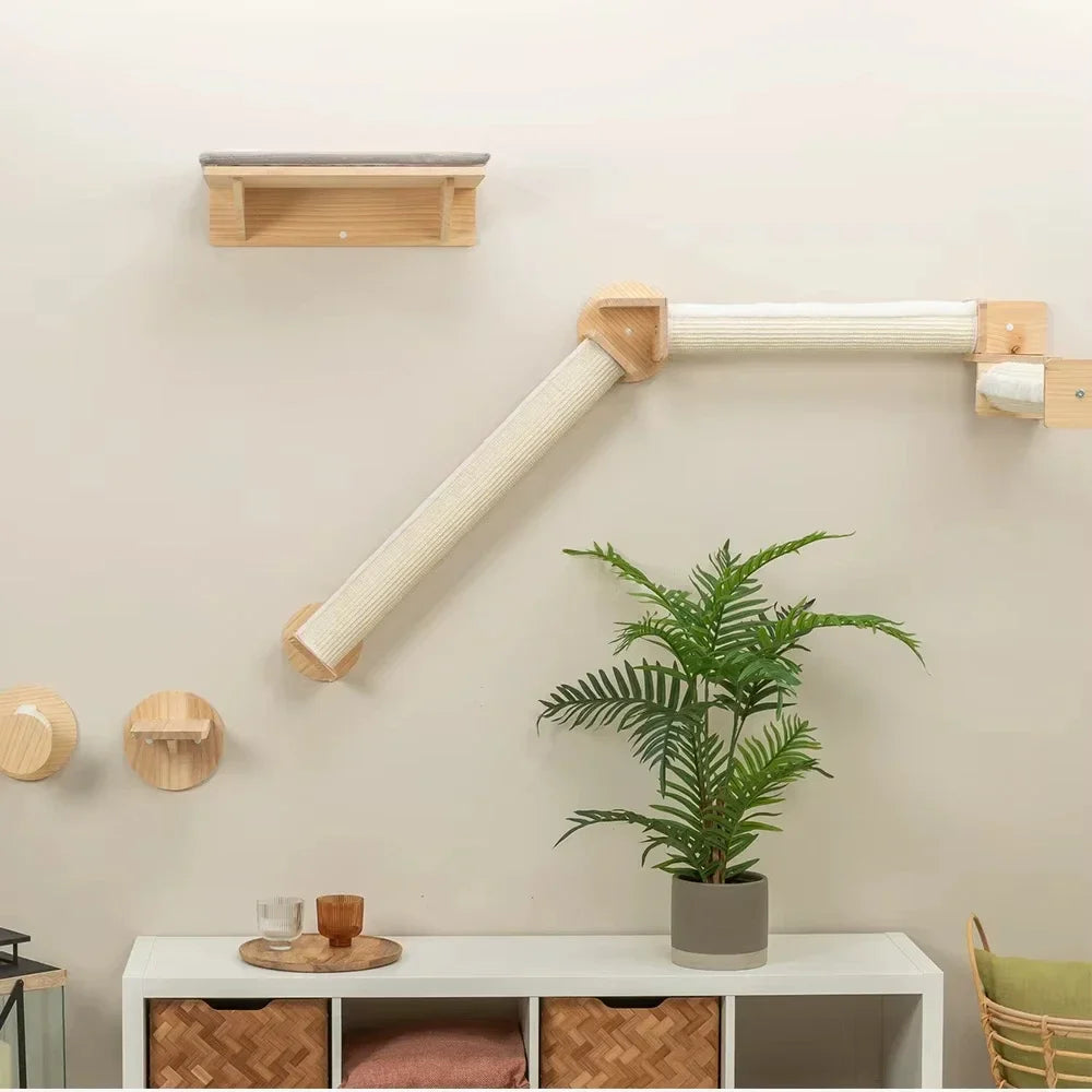 Wall-Mounted Cat Tree Tower with Hammock & Scratching Post