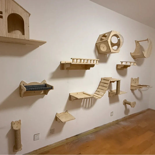 Wall-Mounted Wooden Cat Tree with Bridge, Scratching Post & Hideout